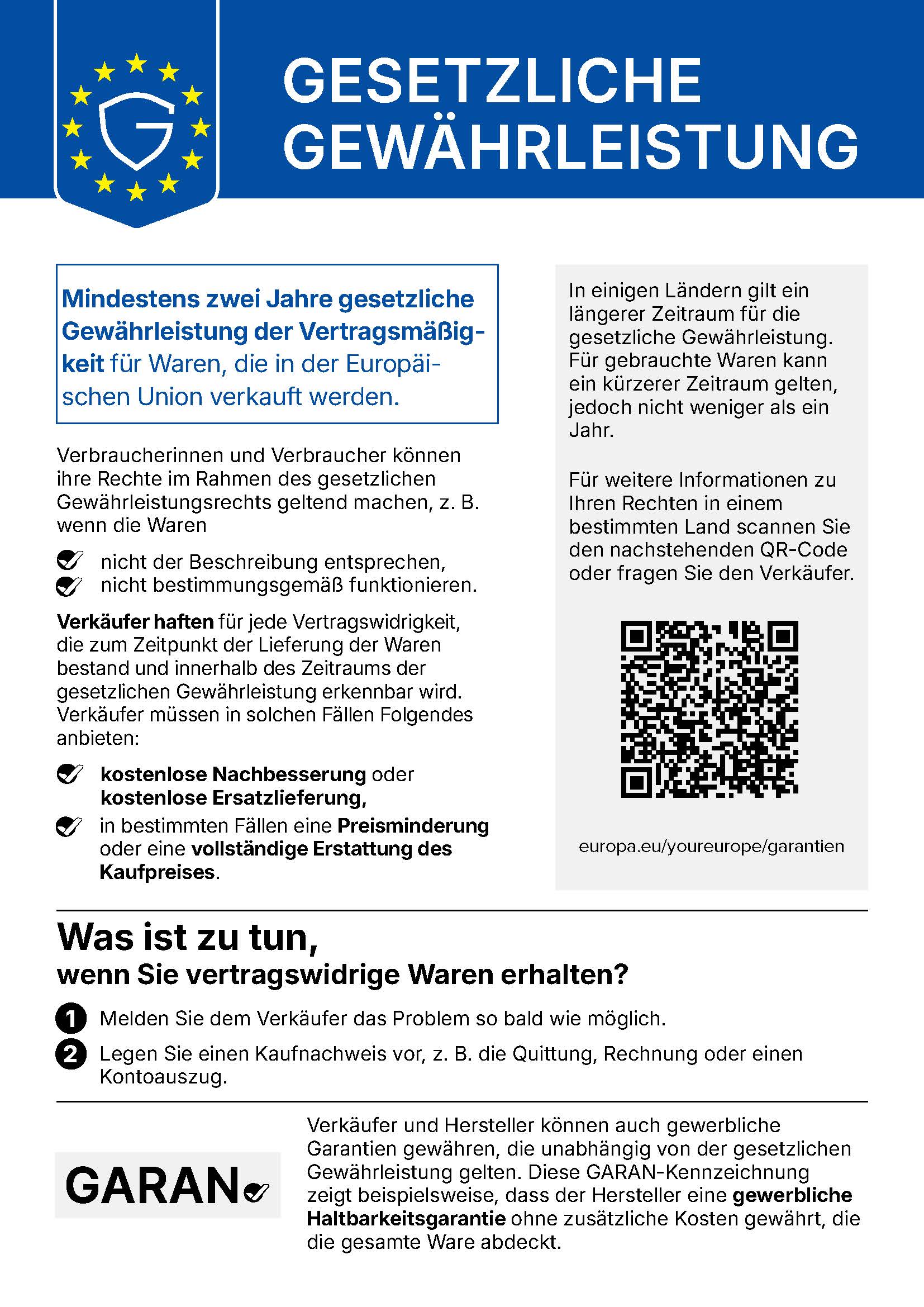 Informationen zu Ihren gesetzlichen Gewährleistungsrechten in der EU